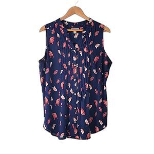 CHARTER CLUB Blue Pink Butterfly Sleeveless Mandarin Collar V-neck Blouse 1X